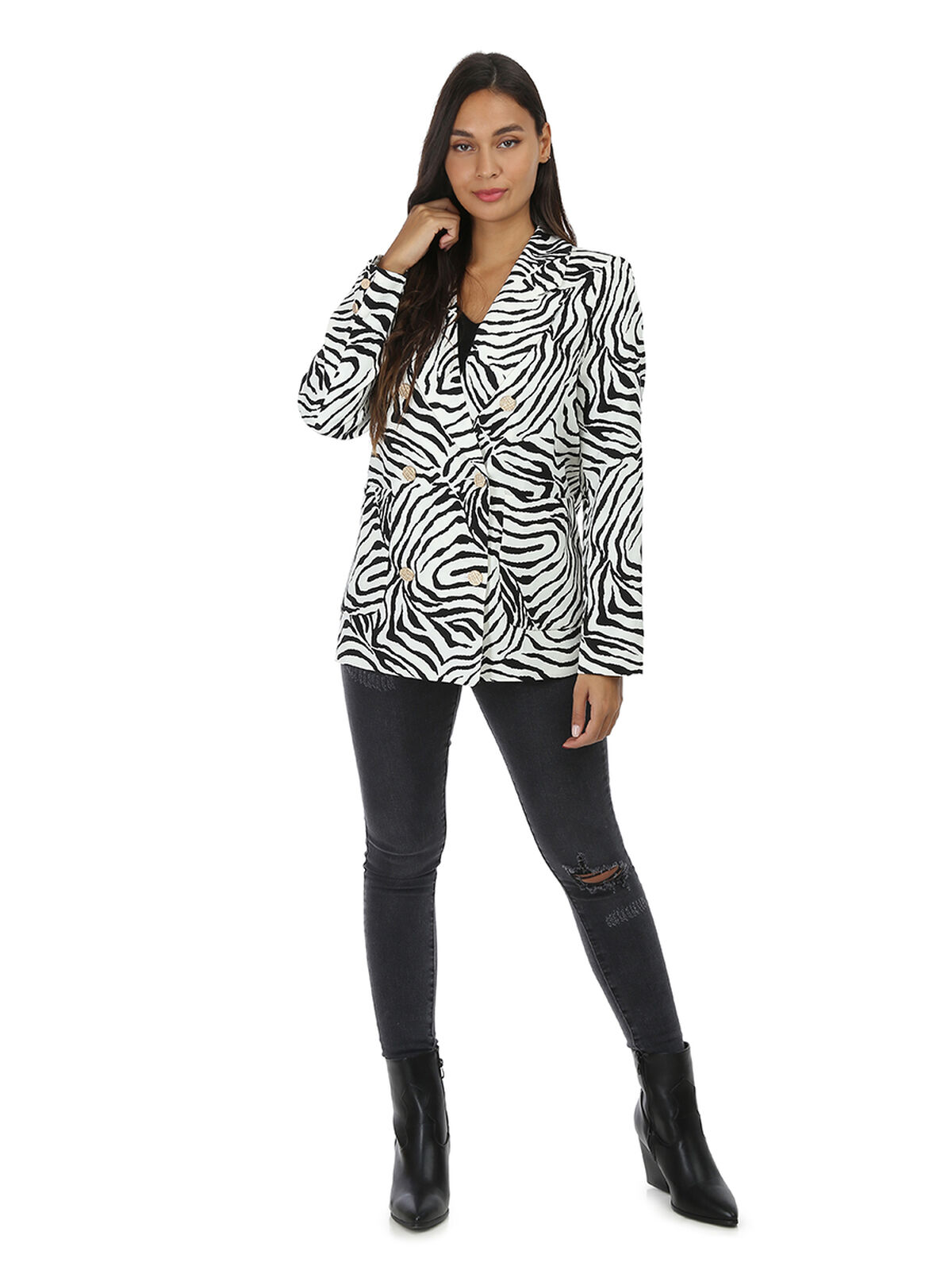 Veste blazer à motif zébré et boutons- Noir et Blanc