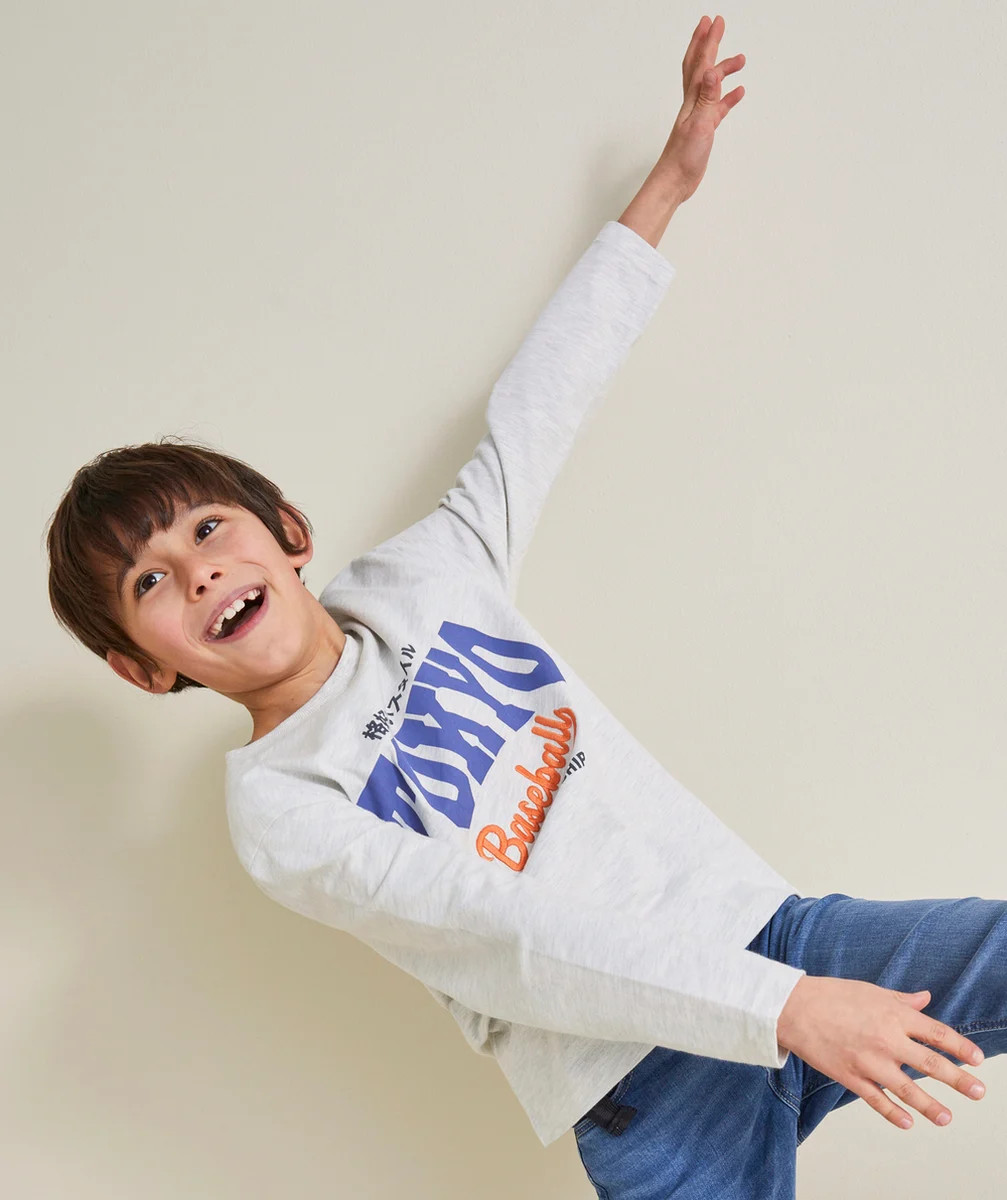 T-SHIRT MANCHES LONGUES GARÇON EN COTON BIO GRIS CHINÉ THÈME TOKYO