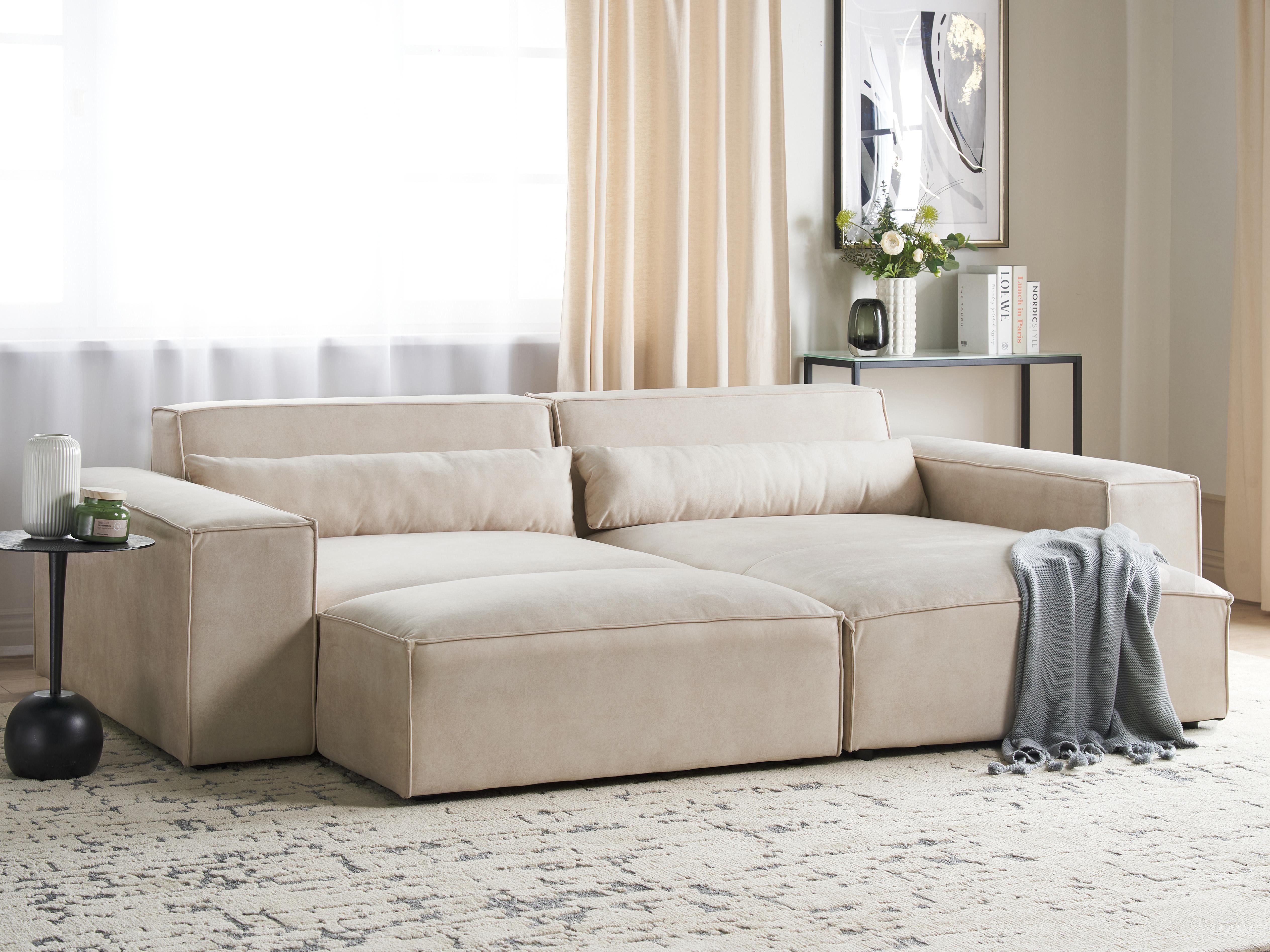 Modulaire hoekbank 2-zits HELLNAR Fluweel Lichtbeige met ottomaan linkszijdig