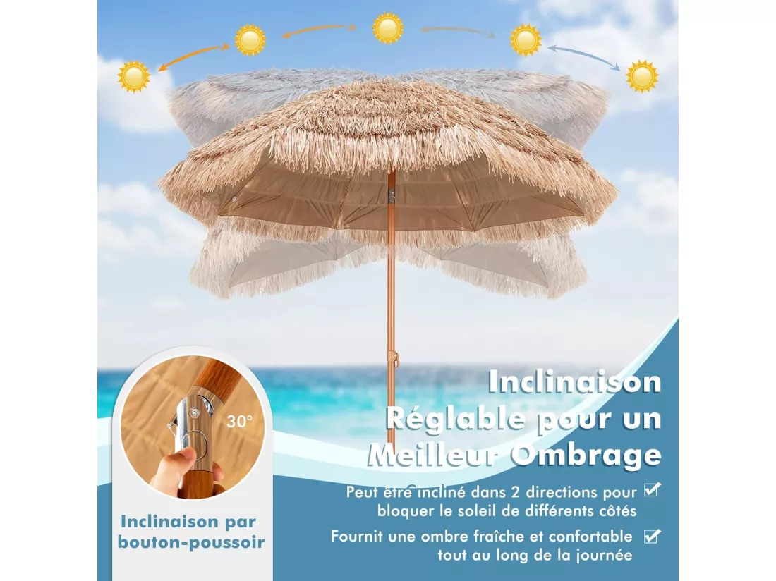 Parasol en Paille PP Φ208 CM, Parasol de Plage Inclinable, Parasol Hawaïen de 213,5 CM de Hauteur, Parasol Extérieur à 8 Baleines, pour Balcon, Jardin Terrasse, Piscine(Naturel)