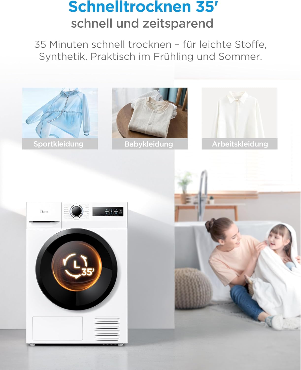 Midea MD11EH70BD Wärmepumpentrockner, 7 kg, Energieklasse D, Schnelltrocknen 35', HealthGuard, Sensor-Trocknung, Auffrischen,Knitterschutz, Auffrischen Wolle, Weiß