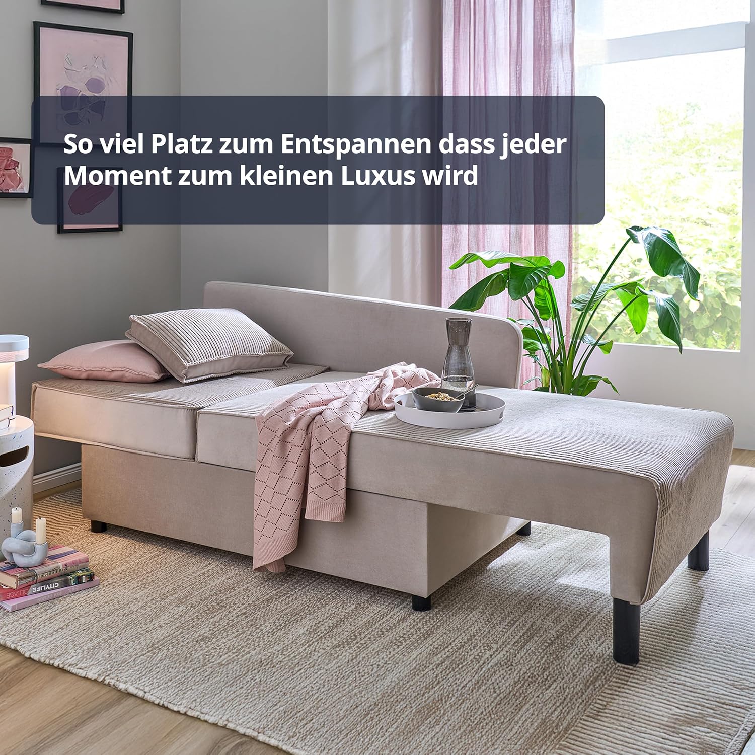 KHG Recamiere mit Bettkasten & Schlaffunktion - Moderne Liege mit Komfortschaum & Wellenunterfederung - inkl. Rückenkissen & Armlehnkissen - Cordstoff Beige