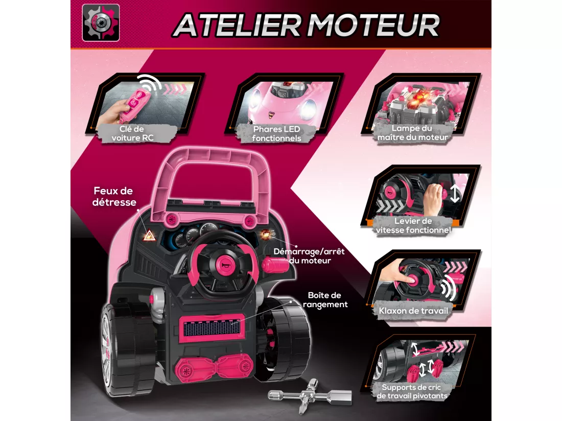 Camion mécano 2 en 1 - jouet bricolage enfant - jeu d'imitation mécanicien - nombreux accessoires total de 61 pièces - effets sonores et lumineux - PP ABS rose