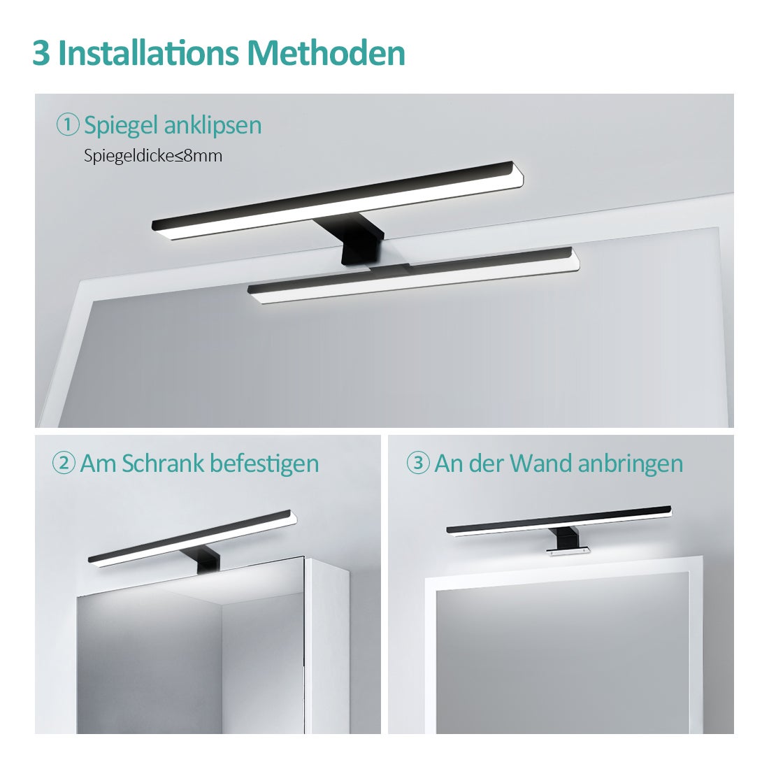 EMKE LED-spiegellamp, 40 cm spiegellamp voor badkamer, IP44, kastlamp, zwart, koelwit licht 6000K