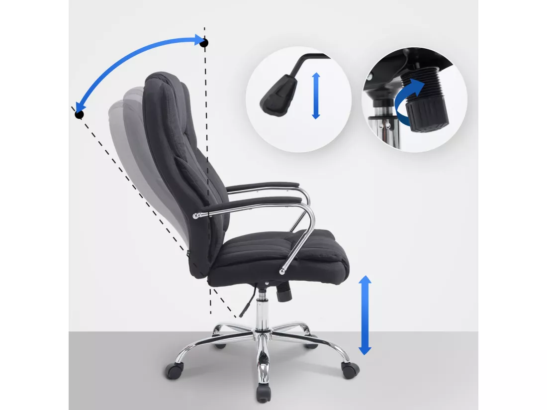 Chaise de bureau - Tissu & Métal chromé - Noir - XXL Xanthos