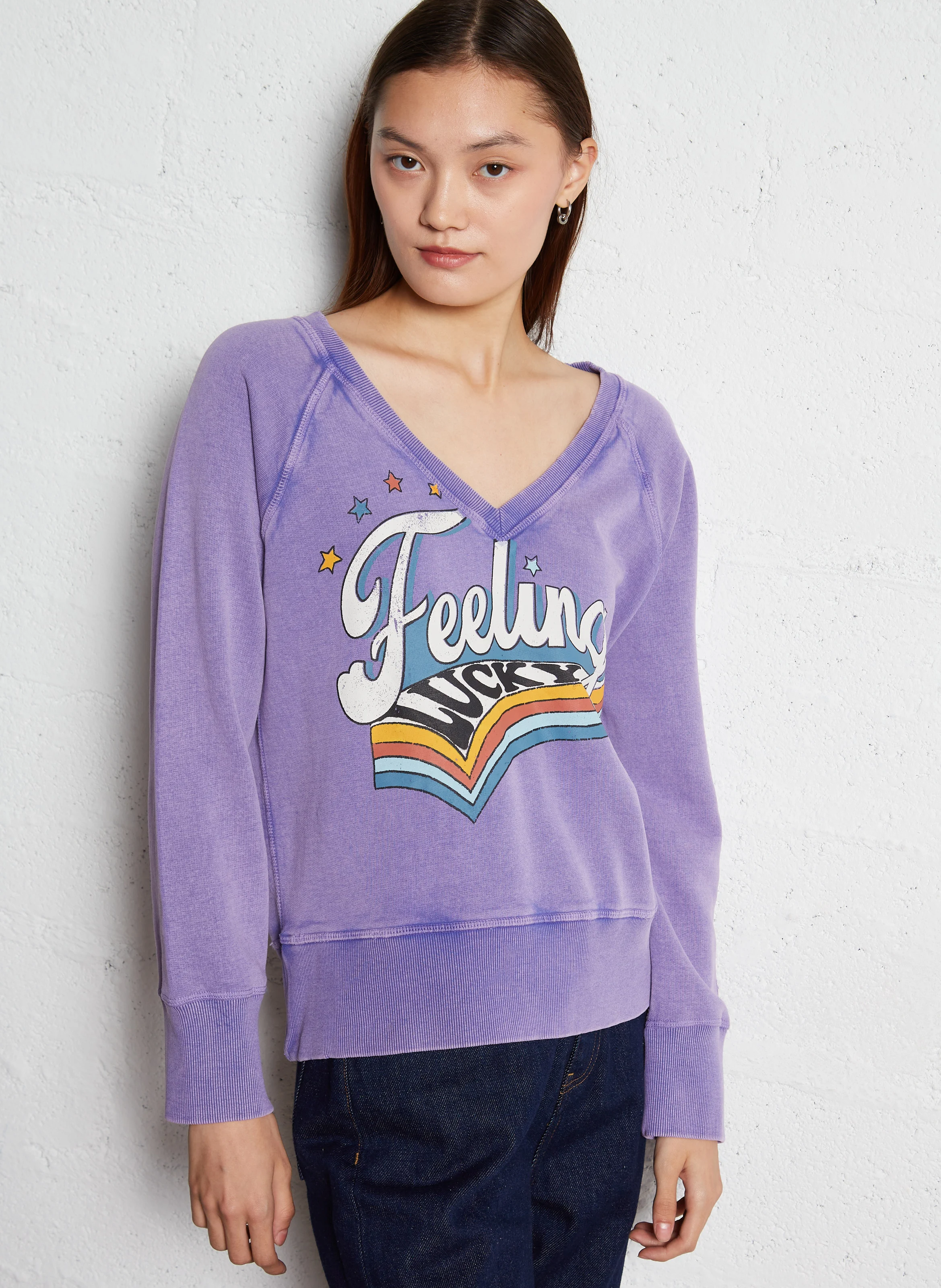 SHAVI - Sweat coupe droite col V en coton bio mélangé | Violet