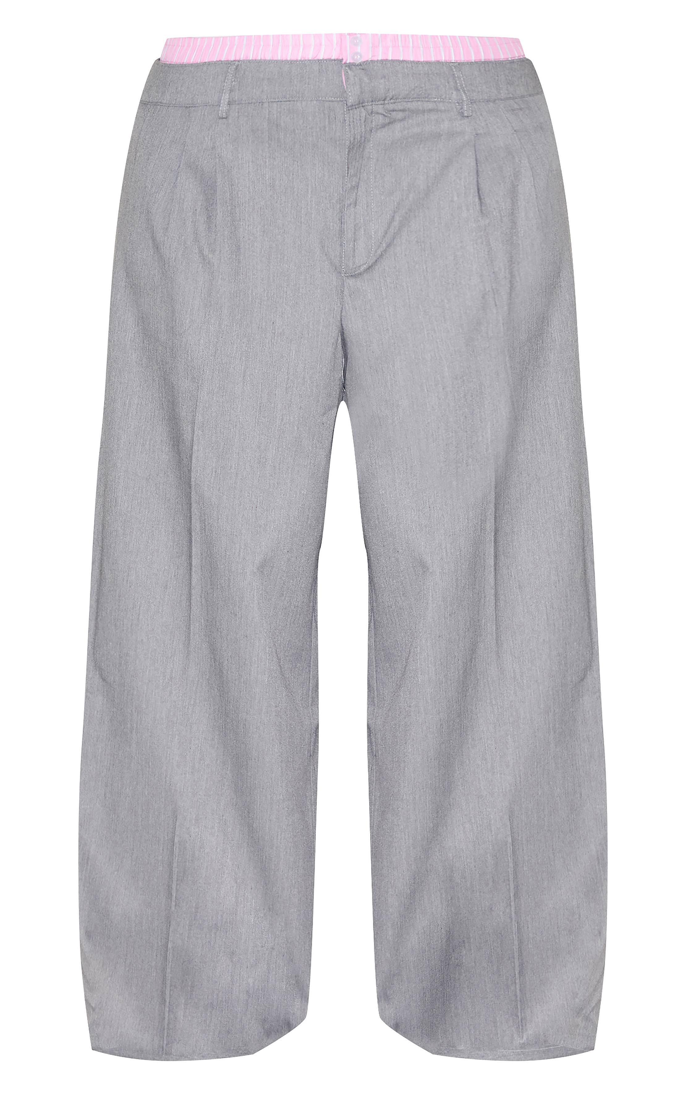 Gris Pantalon Grande Taille Droit À Détail Boxer En Tissu Tissé Avec Rayures Contrastées