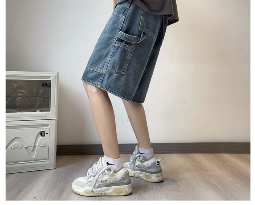 Femilina - Mid Rise Washed Cargo Denim Shorts