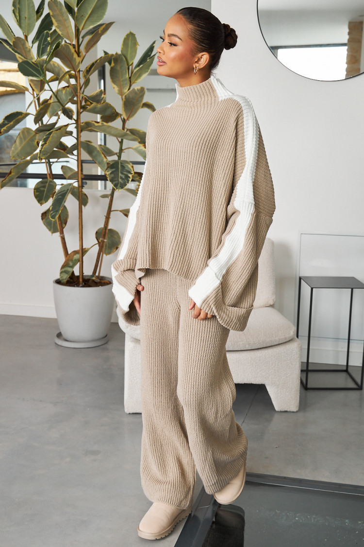 Ensemble 2 pièces pull + pantalon en maille beige foncé/blanc