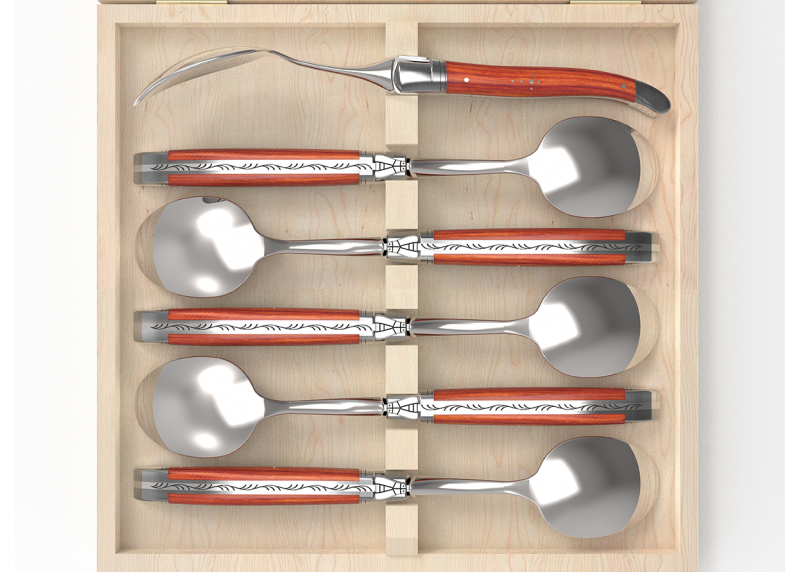 Service de 6 grandes cuillères Laguiole avec un manche en bois de rose et mitres en acier inoxydable
