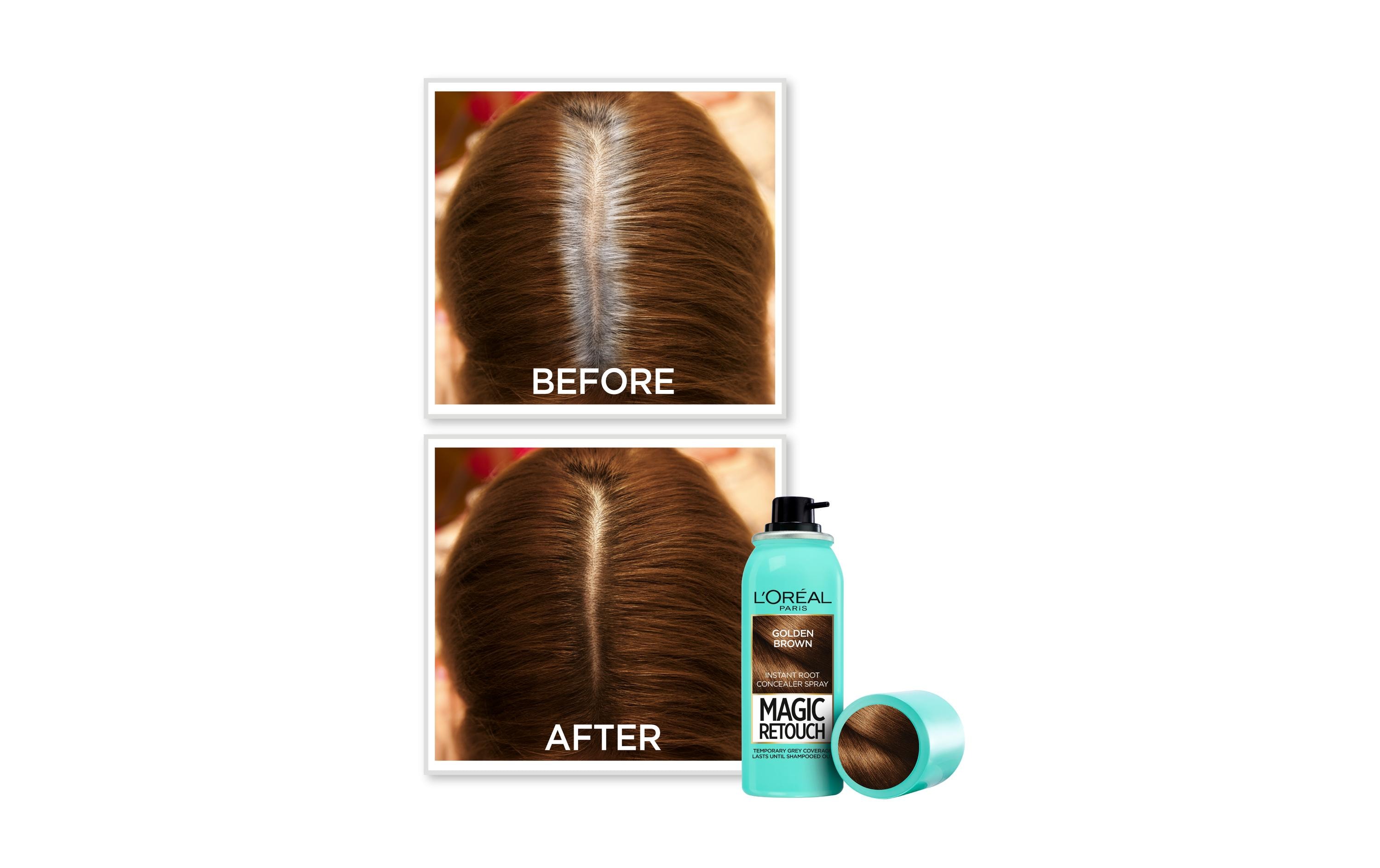 Haaransatz-Spray Magic Retouch GoldlbraunKaschiert den grauen Haaransatz in nur 3 Sekunden