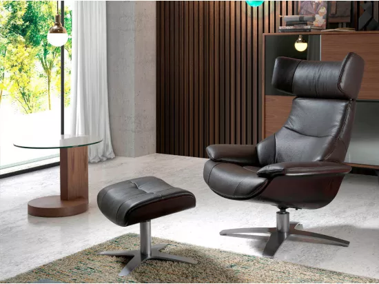 Fauteuil pivotant relax cuir avec mécanisme du dossier rabattable Kora-Couleur Cuir Piel marine