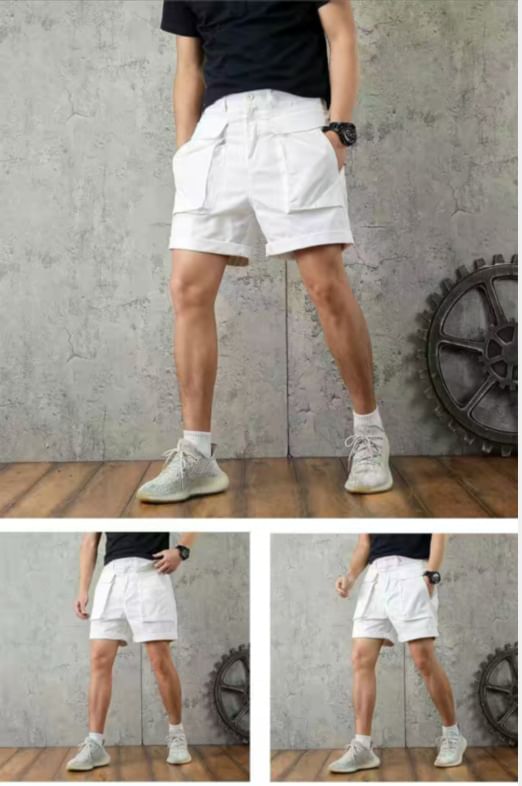 Double White - Mid Rise Plain Cargo Shorts