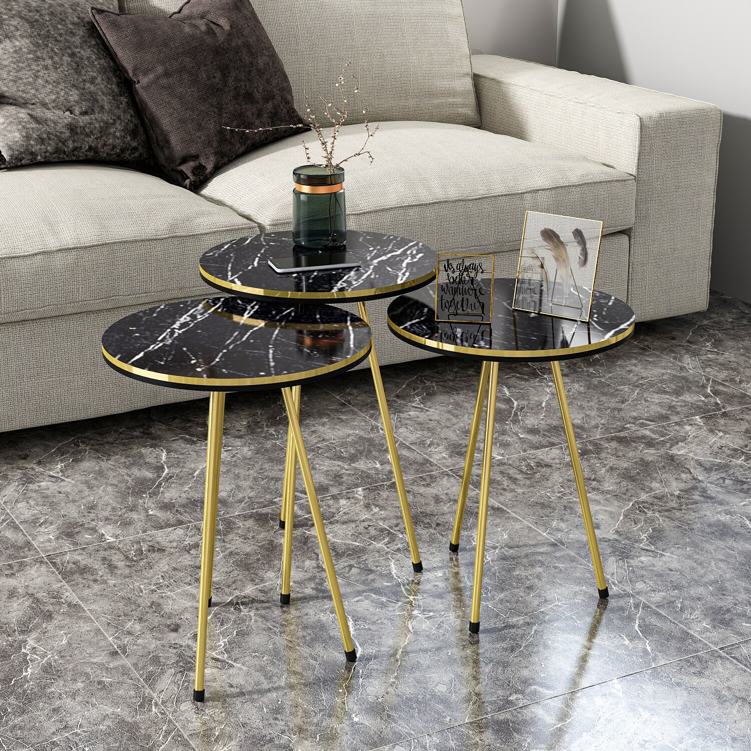 Beistelltisch 3er Set Marmoroptik Schwarz 21716146