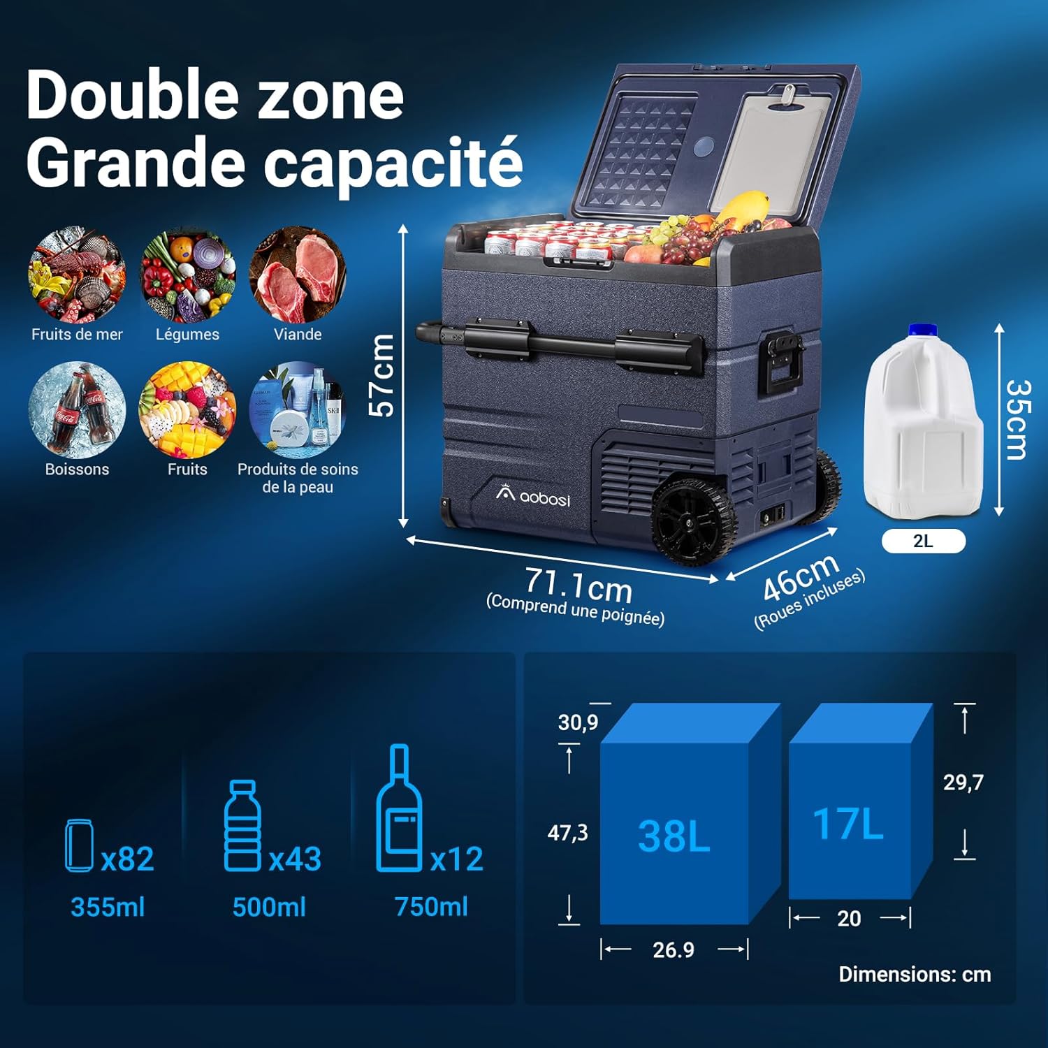 AAOBOSI 115L Glaciere Electrique Double Zone,Glaciere a Compression WiFi APP,12 V/24 V et 100-240 V Frigo Camping, -20 ℃ à 20 ℃, pour Voiture, Camion, Bateau, Camping, Car, Caravanes, Voyageant,Maison