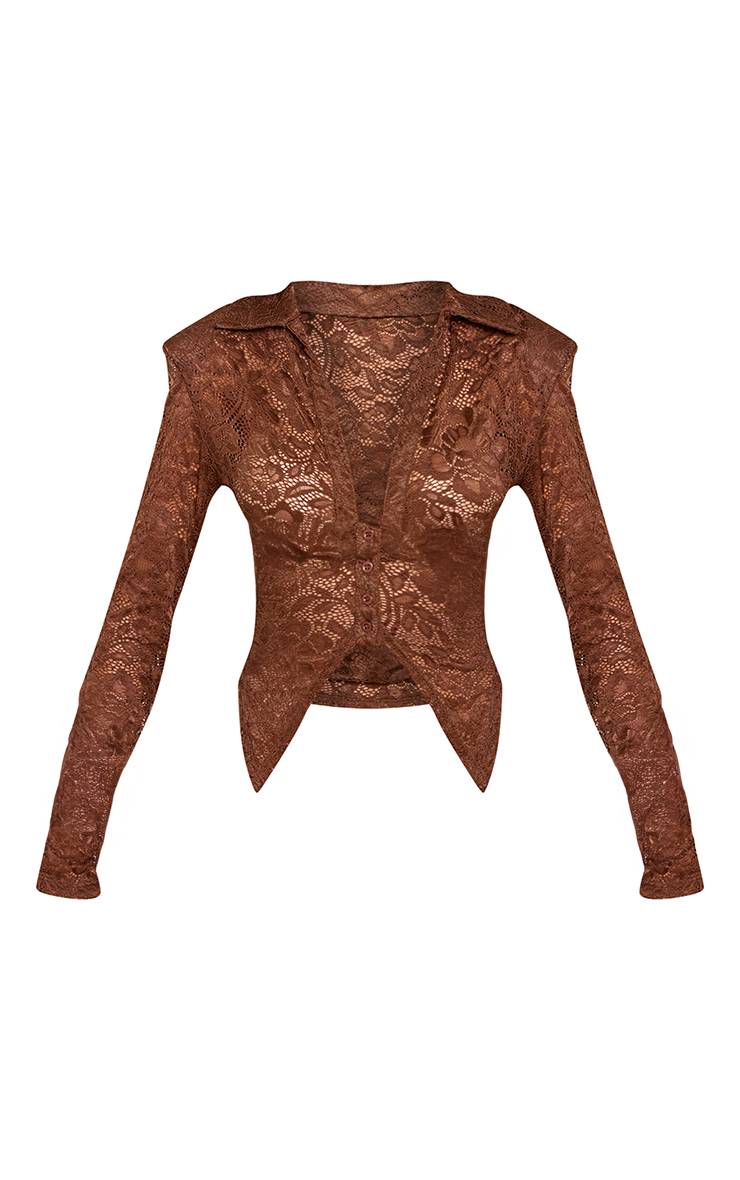 Marron Blouse À Manches Longues En Dentelle Transparente Avec Épaulettes