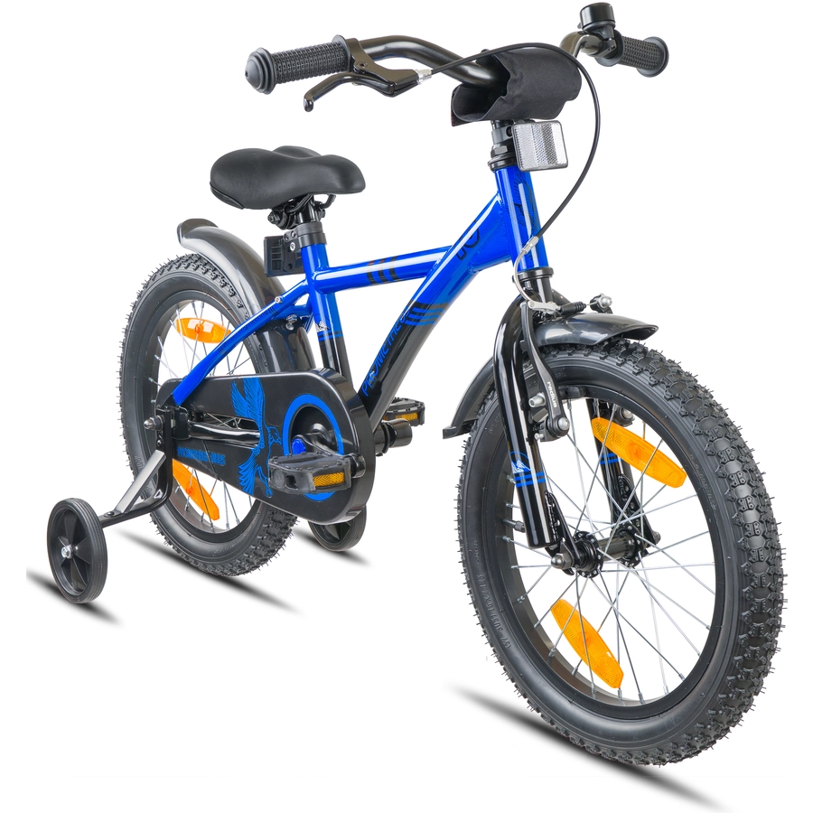 PROMETHEUS BICYCLES® Kinderfahrrad 16, Blau Schwarz mit Stützrädern