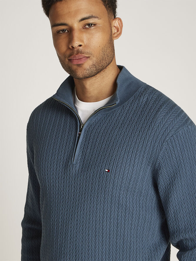 Tommy Hilfiger HERRINGBONE STRUCTURE ZIP MOCK Aegean sea