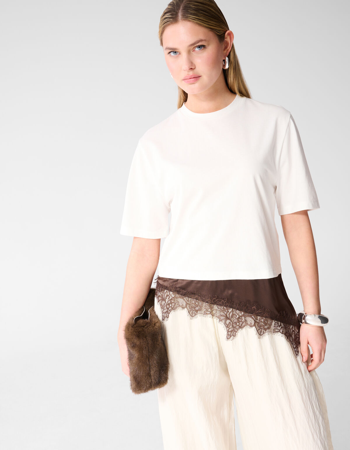 Kanten Satijnen T-shirt Wit