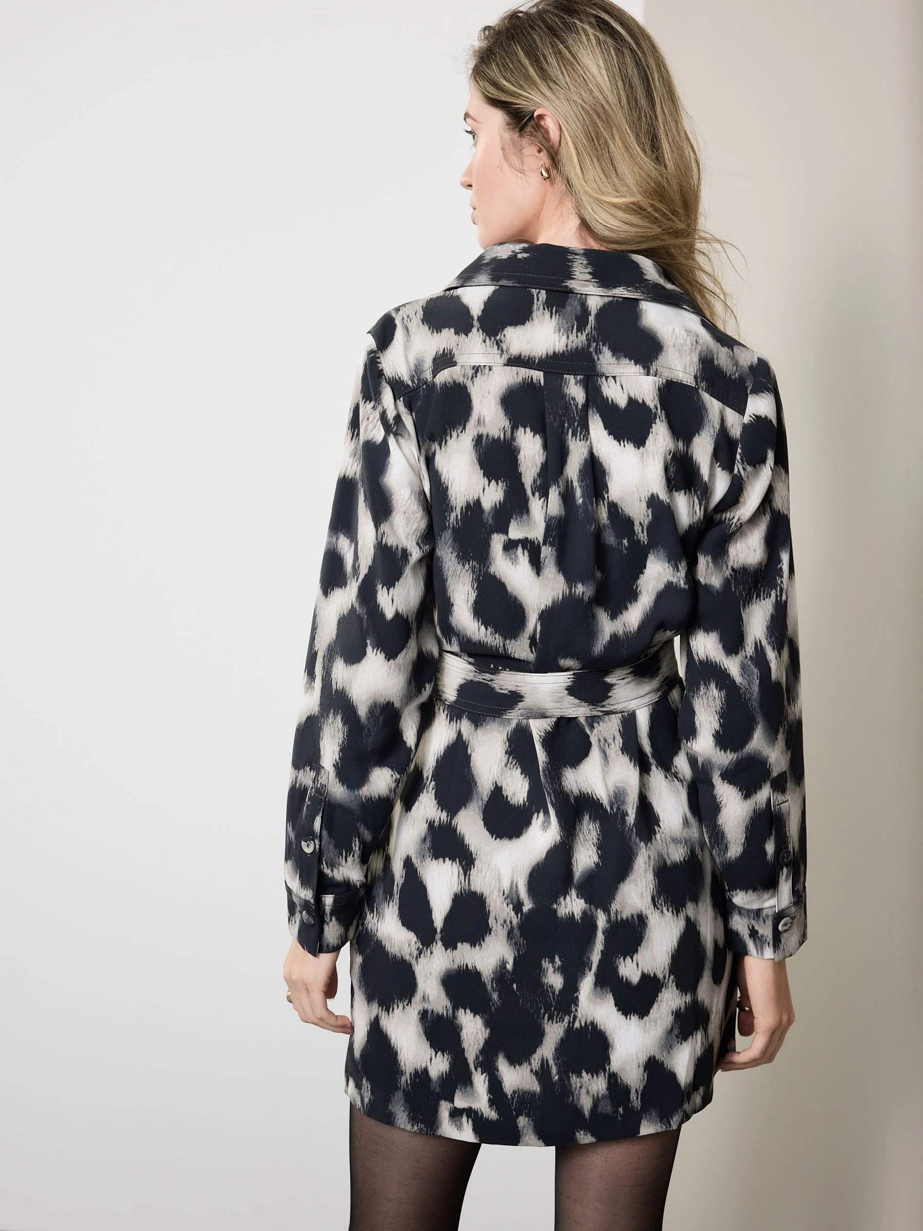 Grijs met luipaardprint - Mini Long Sleeve Tie Waist Shirt Dress