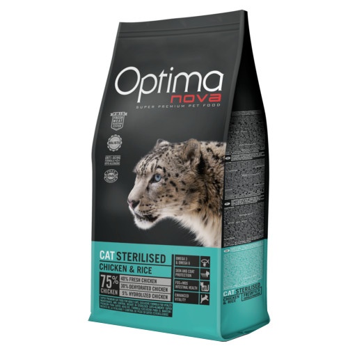 Ração esterilizada Optima Nova para gatos, sabor frango e arroz.