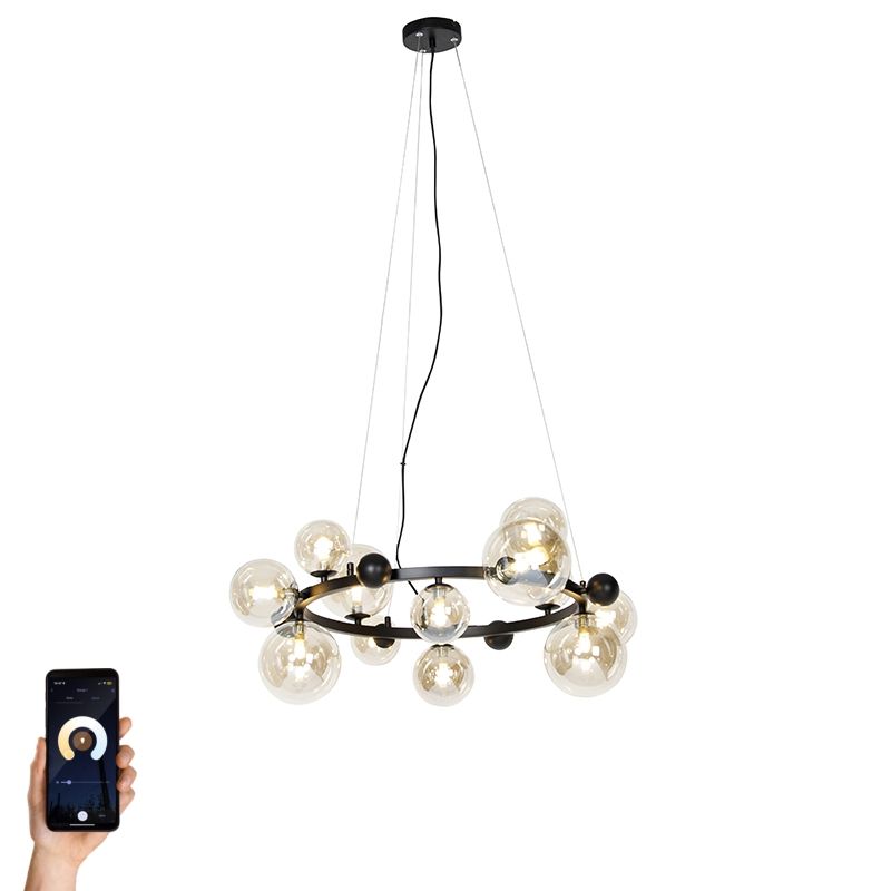 Smart hanglamp zwart met amber glas 12-lichts incl. 12 Wifi G9 - David