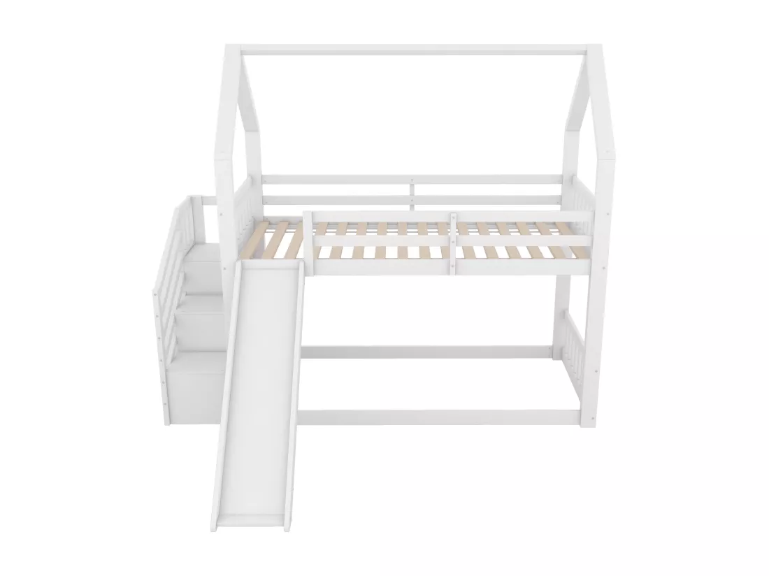 Lit superposé 90x200cm - lit cabane enfant avec escalier de rangement et toboggan, 1x sommier à lattes - blanc
