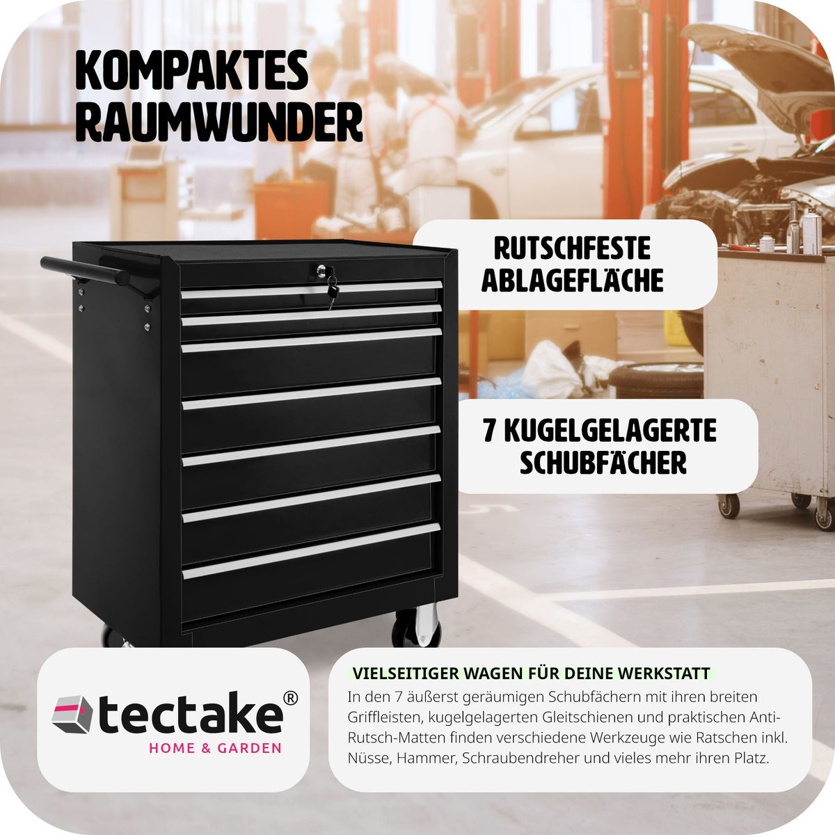 tectake gereedschapswagen met 7 kogelgelagerde laden met antislipmatten en wielen met een diameter van 100 mm.