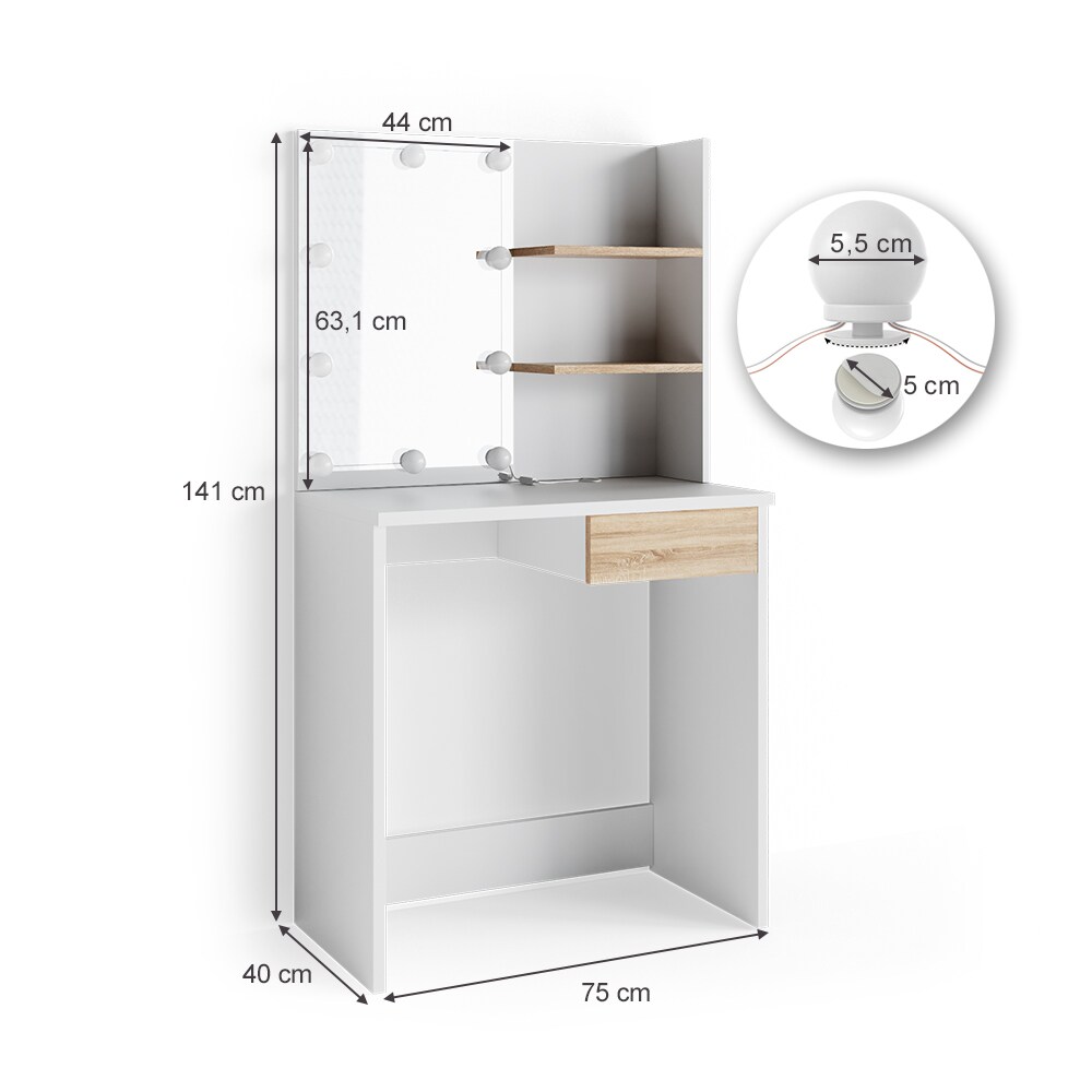 VICCO LED Schminktisch DEKOS Frisiertisch Kommode Kosmetiktisch Weiß Eiche