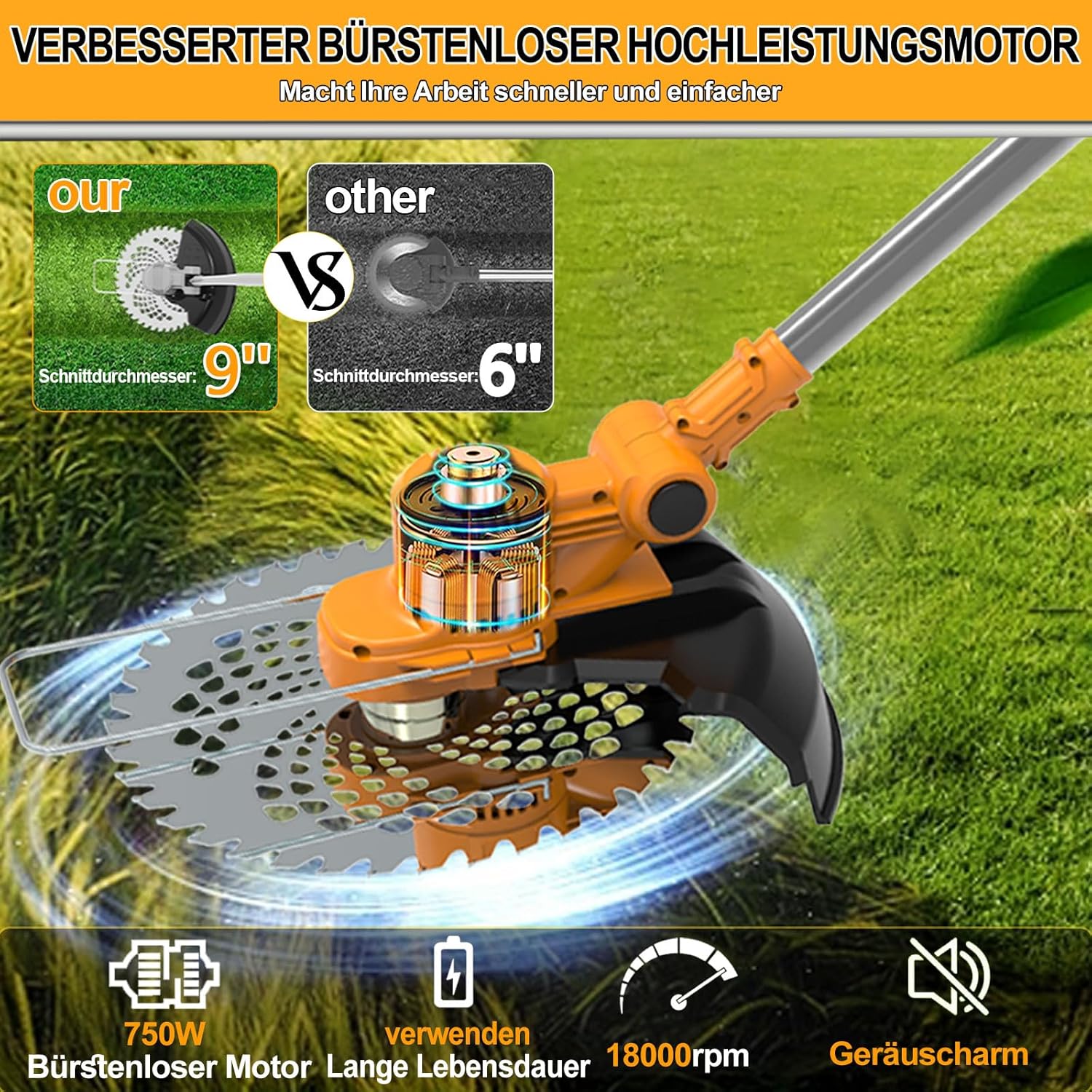 Rasentrimmer mit Akku, 4 in 1 Rasentrimmer mit Unkrautbürste 21V Bürstenloser Freischneider Akku, Teleskop, Verstellbarer, für Garden Trimmen, Orange