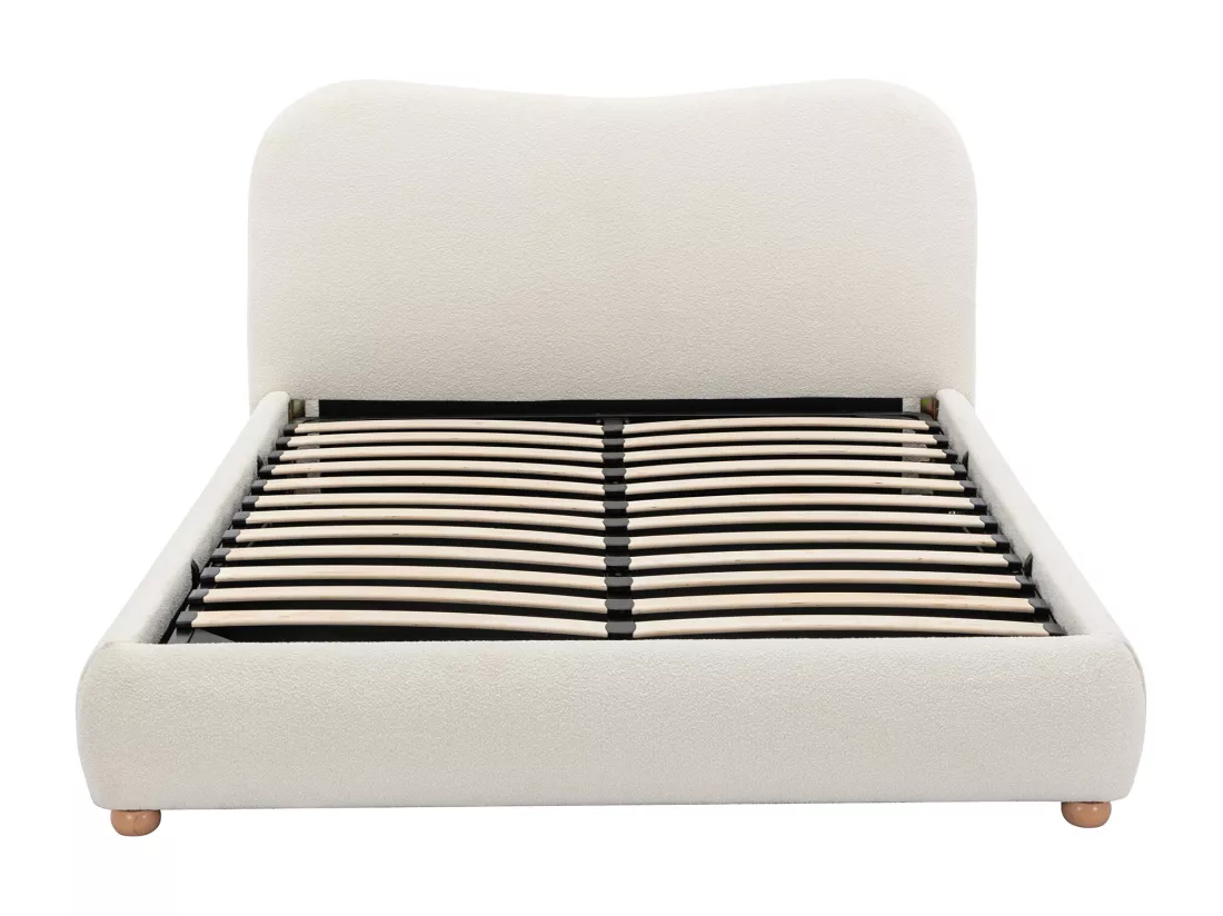 Lit coffre 140 x 190 cm - Tissu bouclette - Blanc + Matelas - VANARI