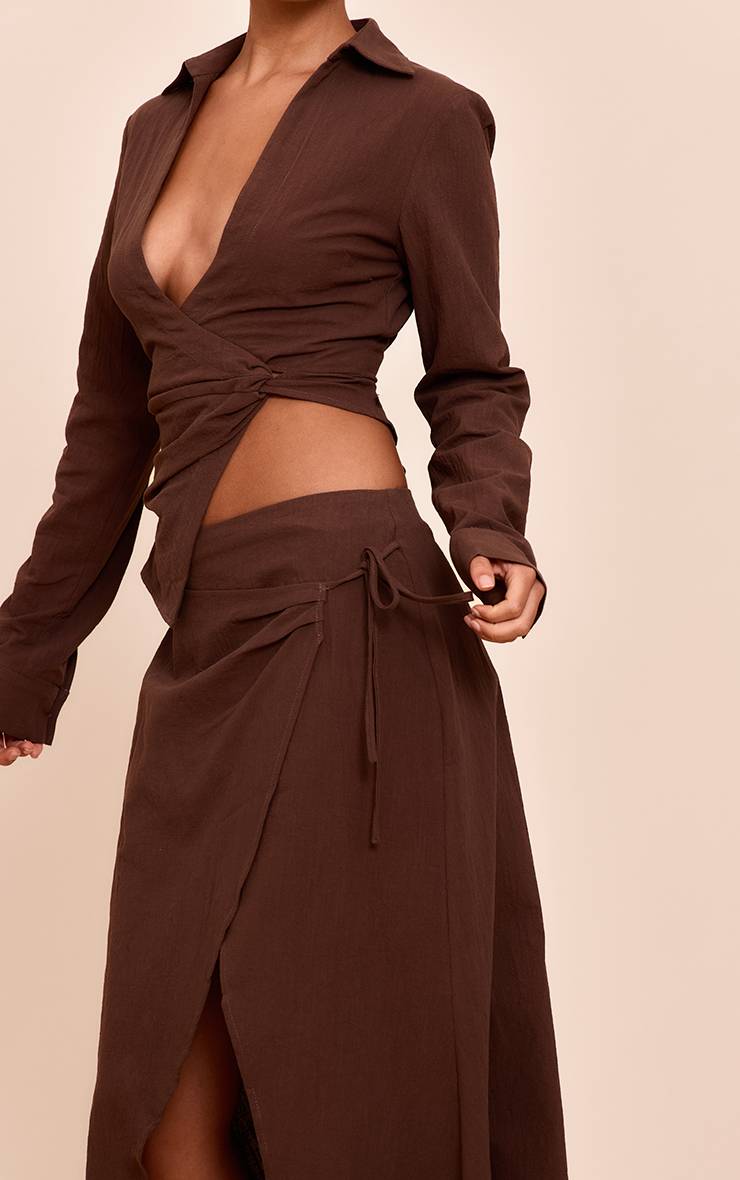 Marron Foncé Jupe Midi Fendue À Nouer Aspect Lin