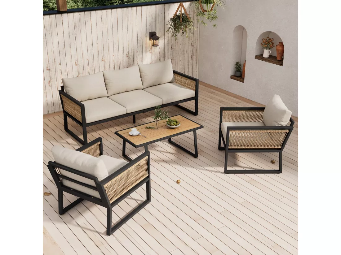 Lot de 4 salon de jardin en acier galvanisé avec coussin beige : canapé 3 places, 2 fauteuils et table basse