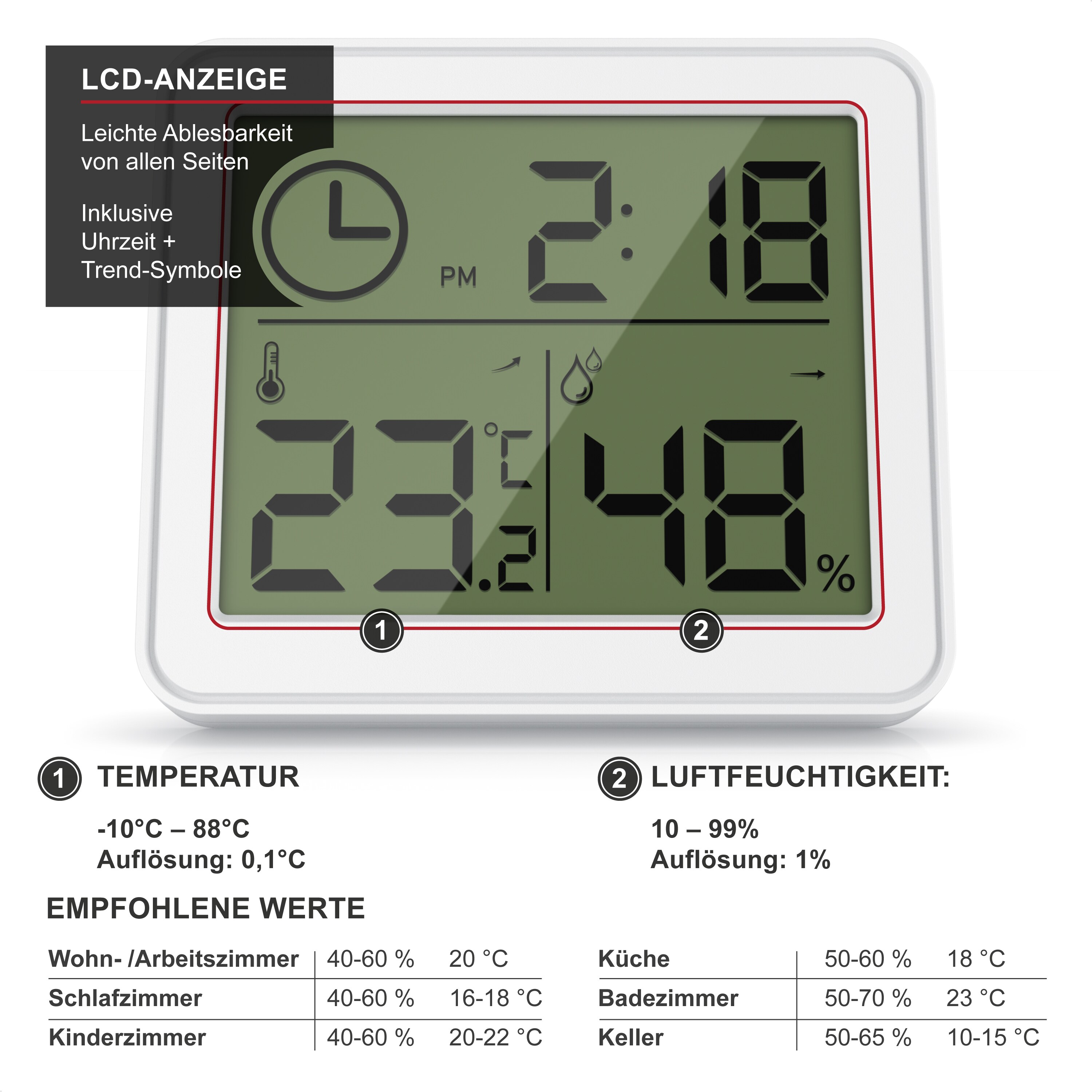 BEARWARE - Thermometer Hygrometer - Temperatur und Luftfeuchtigkeit - Uhrzeit - gut ablesbare LCD-Anzeige - Magnethalter, Aufhängeöse und Standfuß