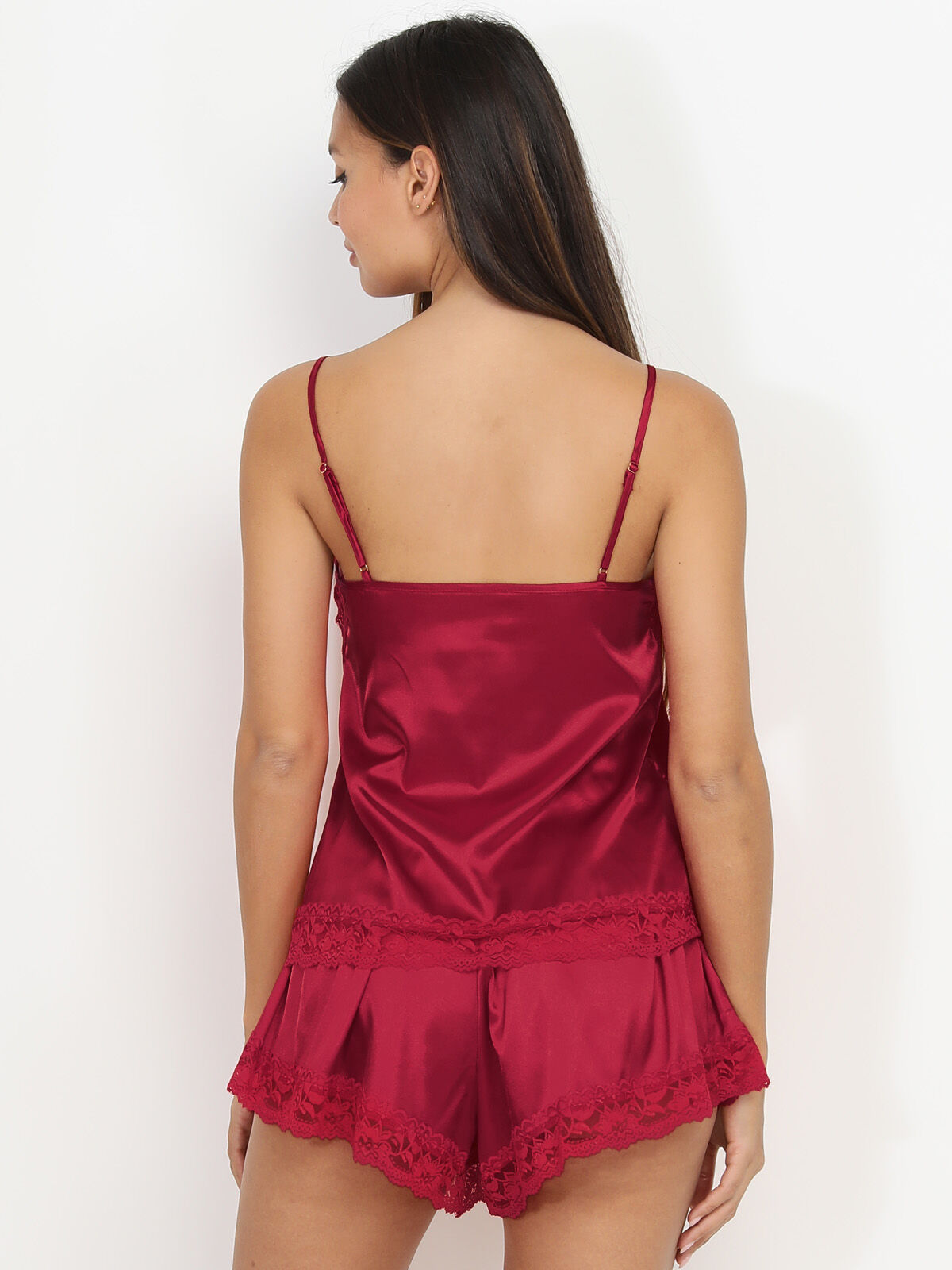Ensemble pyjama satiné à dentelle- Bordeaux