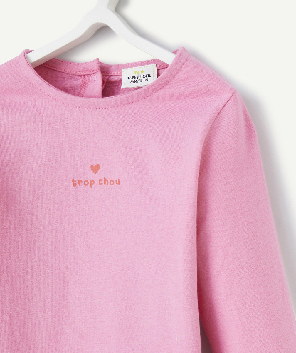 T-SHIRT MANCHES LONGUES BÉBÉ FILLE EN COTON BIO ROSE THÈME TROP CHOU