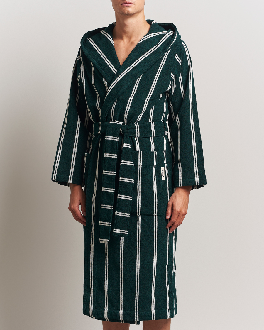Tekla Organic Terry Hooded Bathrobe Forest Green Stripes
