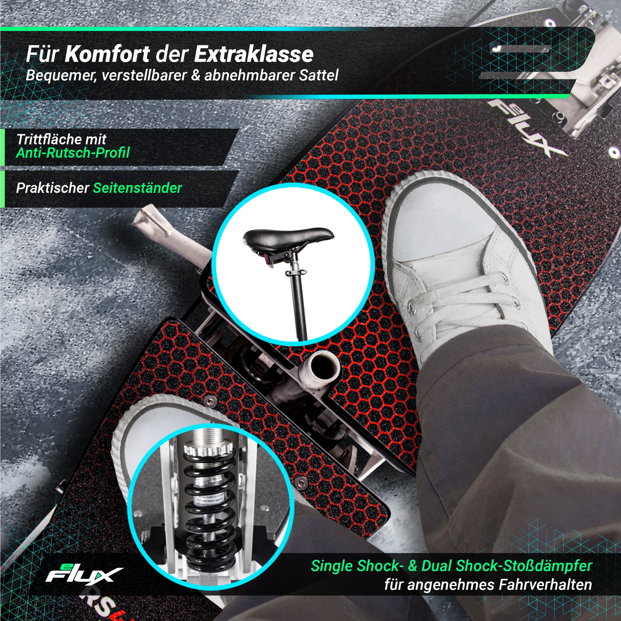 eFlux RS45 Pro E-Scooter, mit Straßenzulassung, Sitz, 45 km/h, 2.000 Watt, Allrad-Antrieb, klappbar (Schwarz)