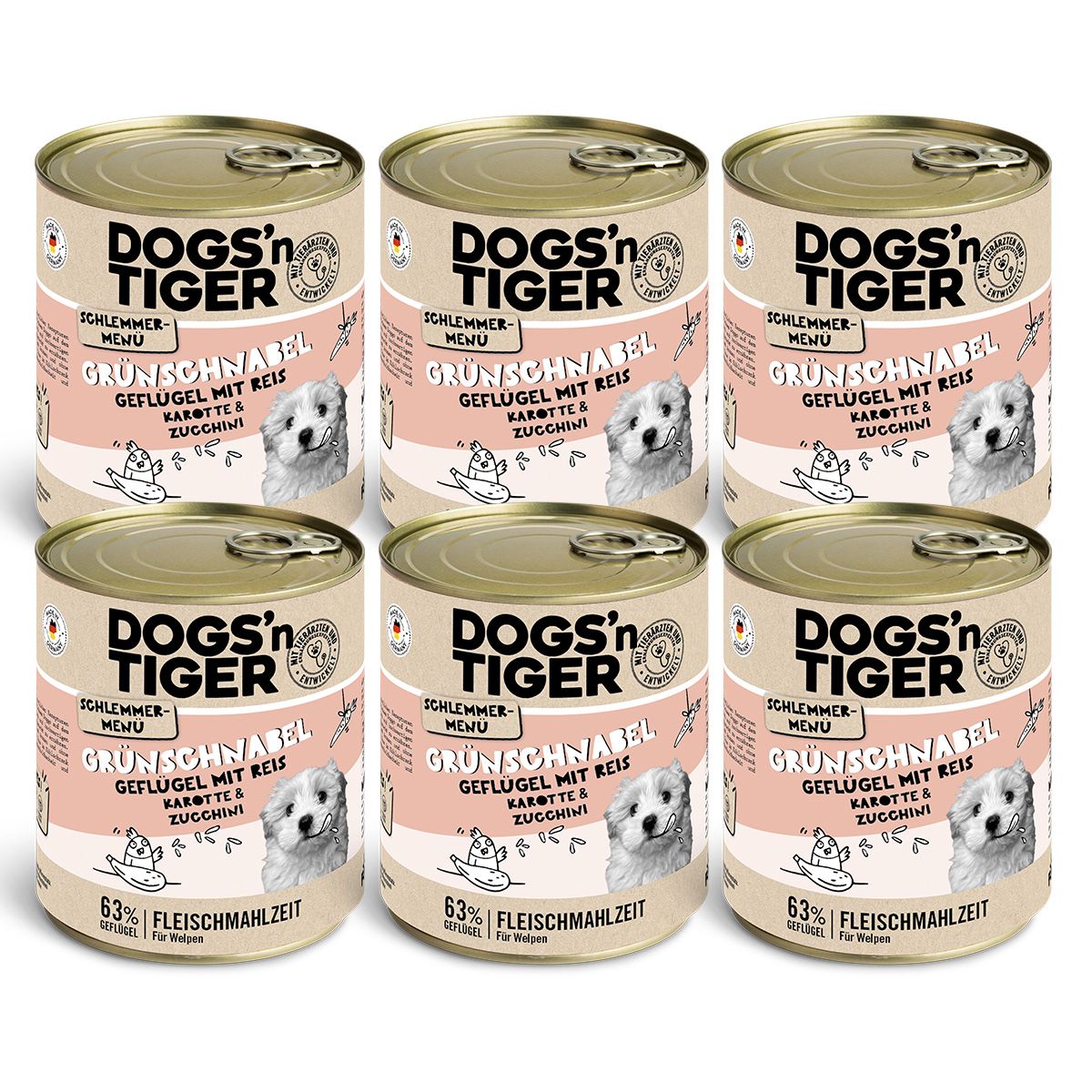 Dogs’n Tiger Junior, Hundefutter, Grünschnabel, Nassfutter, Welpen, Geflügel, Karotte & Zucchini