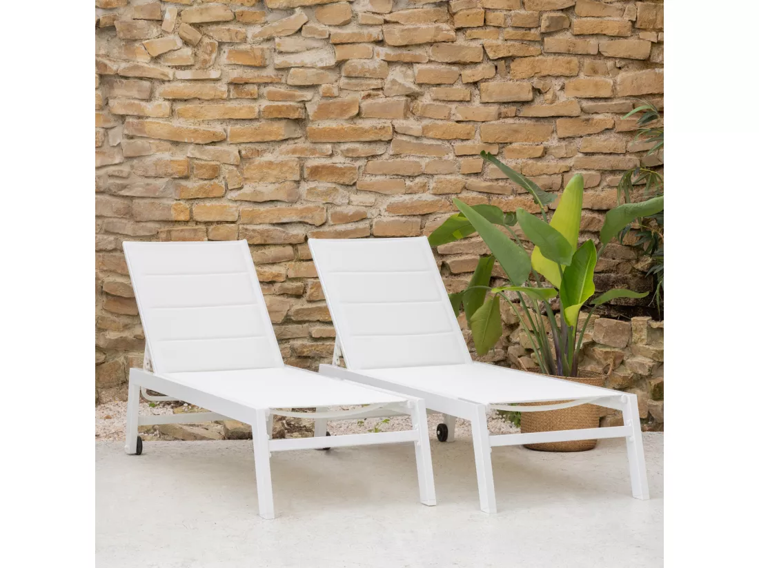 Lot de 2 bains de soleil BARBADOS en textilène blanc - aluminium blanc - HAPPY GARDEN