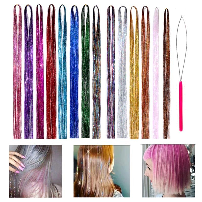 (12er Set) 120cm Kunsthaar Extensions Party Lametta Haarverlängerung Haar Schmuck Bunte Strähne Hair Tinsel - Bunt