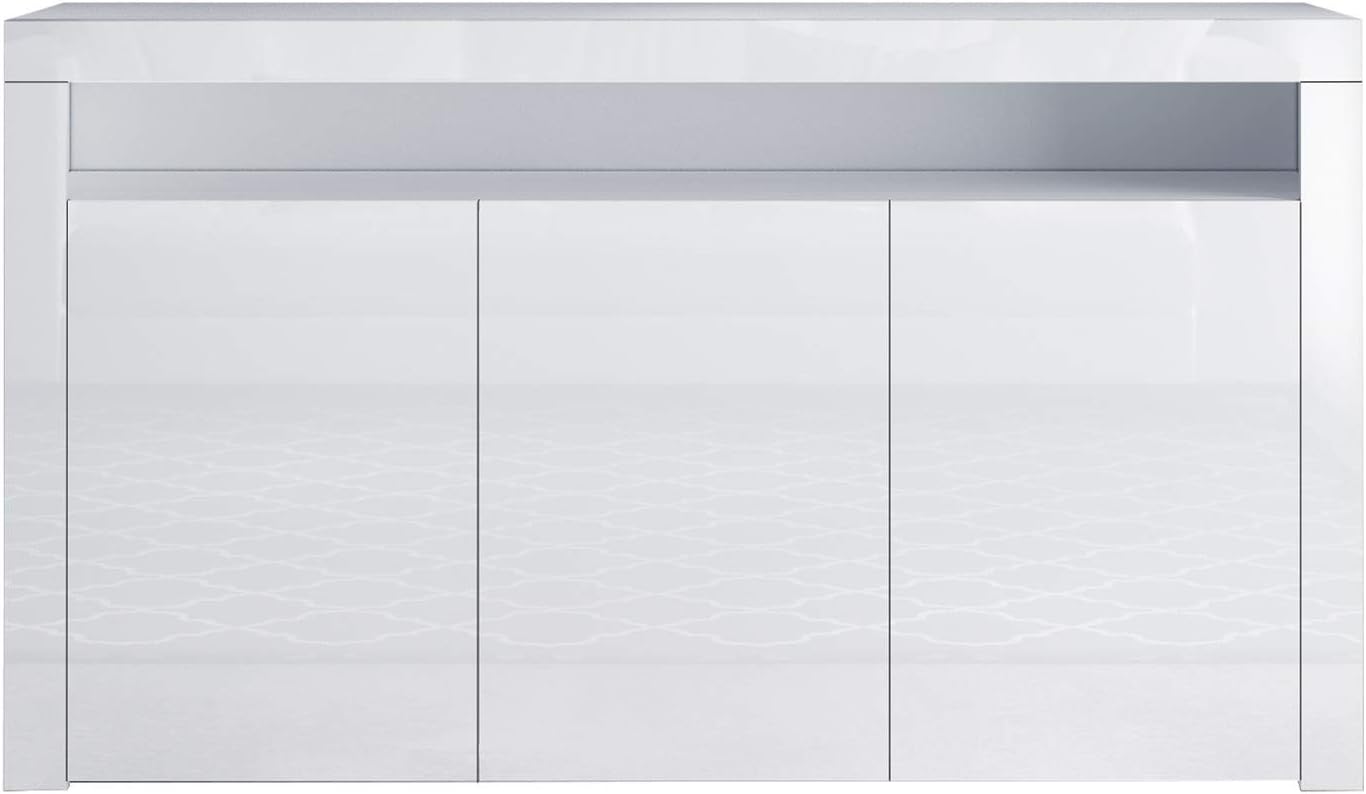 Sideboard Kommode 3 Türen Hochglanz Front mit LED Beleuchtung TV Lowboard Für Esszimmer Wohnzimmer Möbel 152x97x35cm Weiß