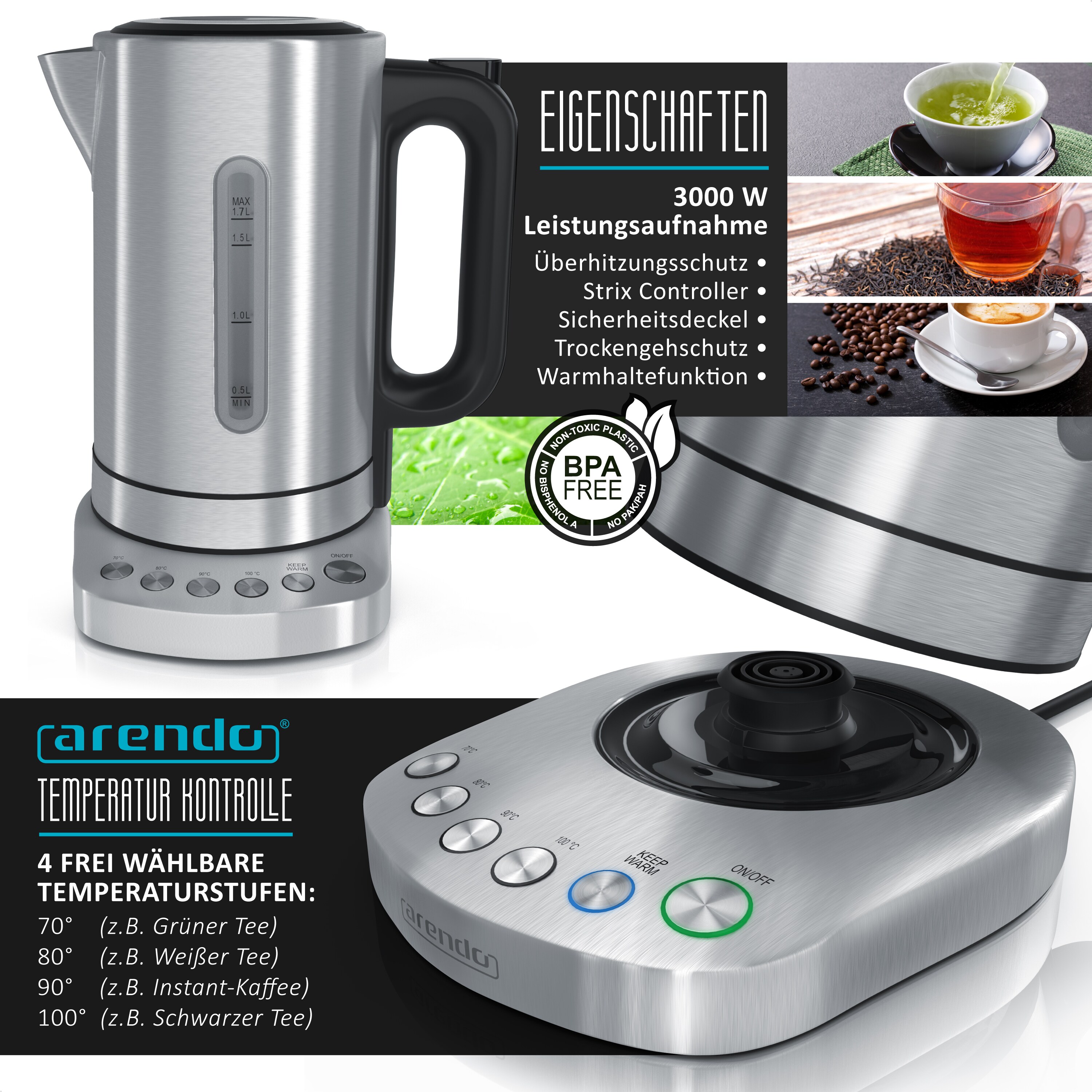 Arendo Frühstücks Set in Edelstahl Optik - Wasserkocher / Toaster / Eierkocher