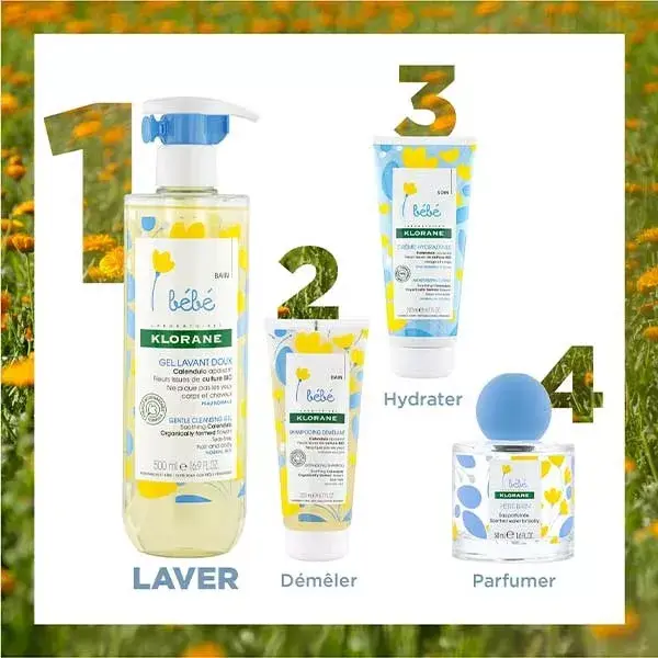 Gel de limpeza e creme nutritivo para rotina de bebês Klorane com calêndula