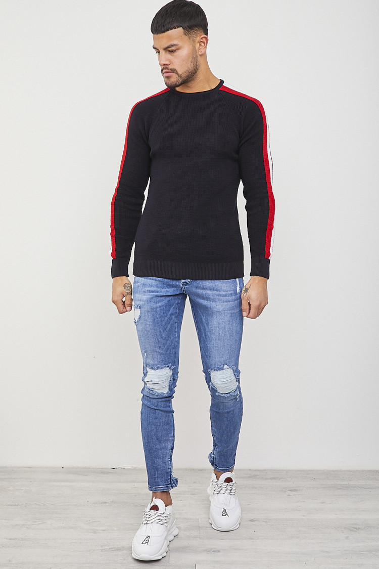 Pull bleu fin à bandes