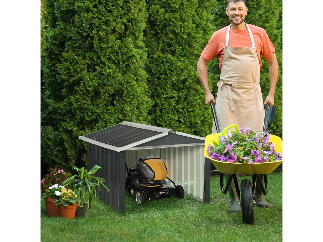 Abri de jardin pour tondeuse à gazon robot-tondeuse - garage tondeuse robot - tôle acier ondulé gris blanc