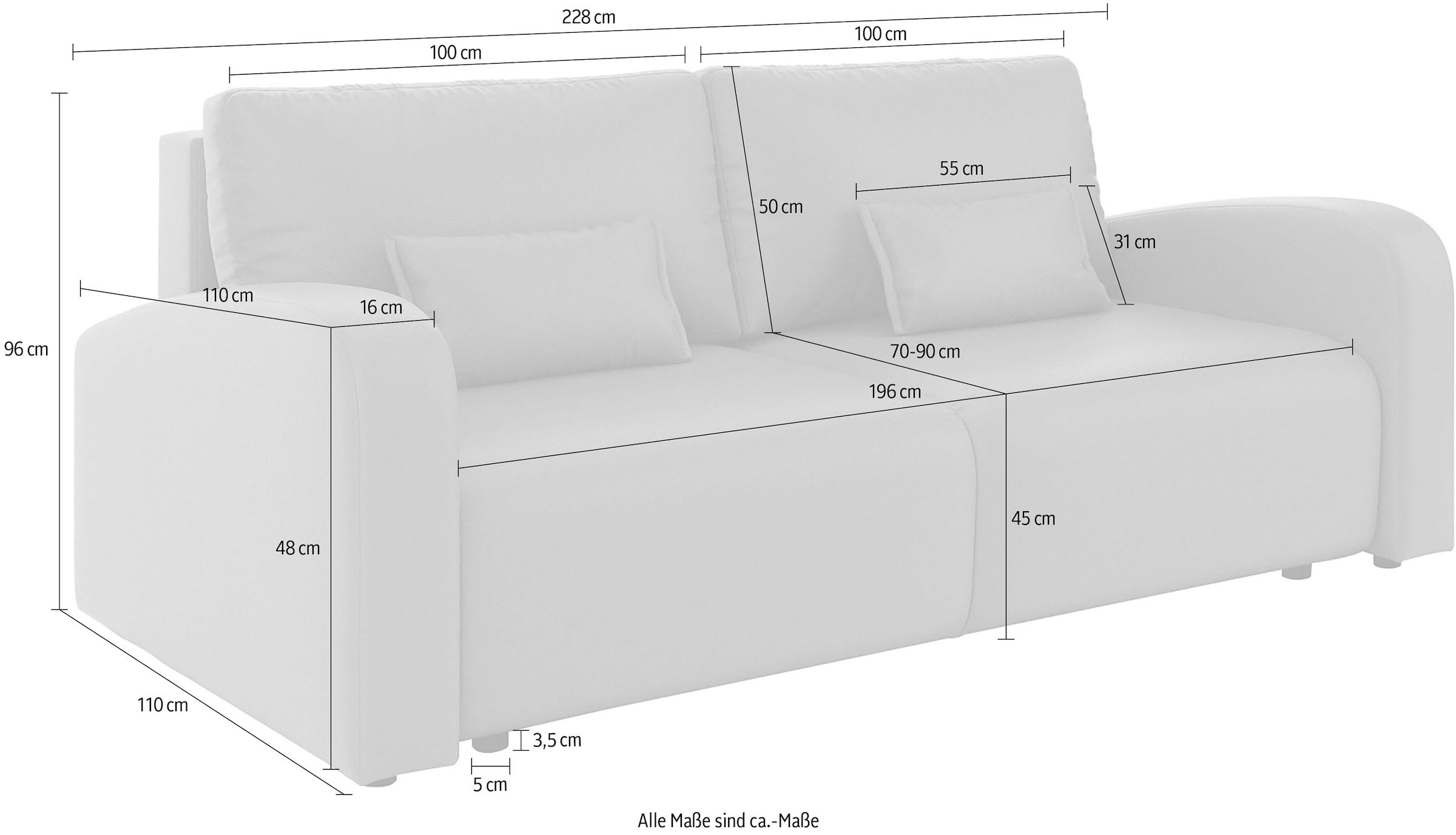 GOODproduct 3-Sitzer »JIGGS wahlweise Schlafsofa mit Bettkasten, Masse B/H/T: 228/96/110 cm« Sofa mit Wellenunterfederung, enthält 2 Rückenkissen und 2 Zierkissen