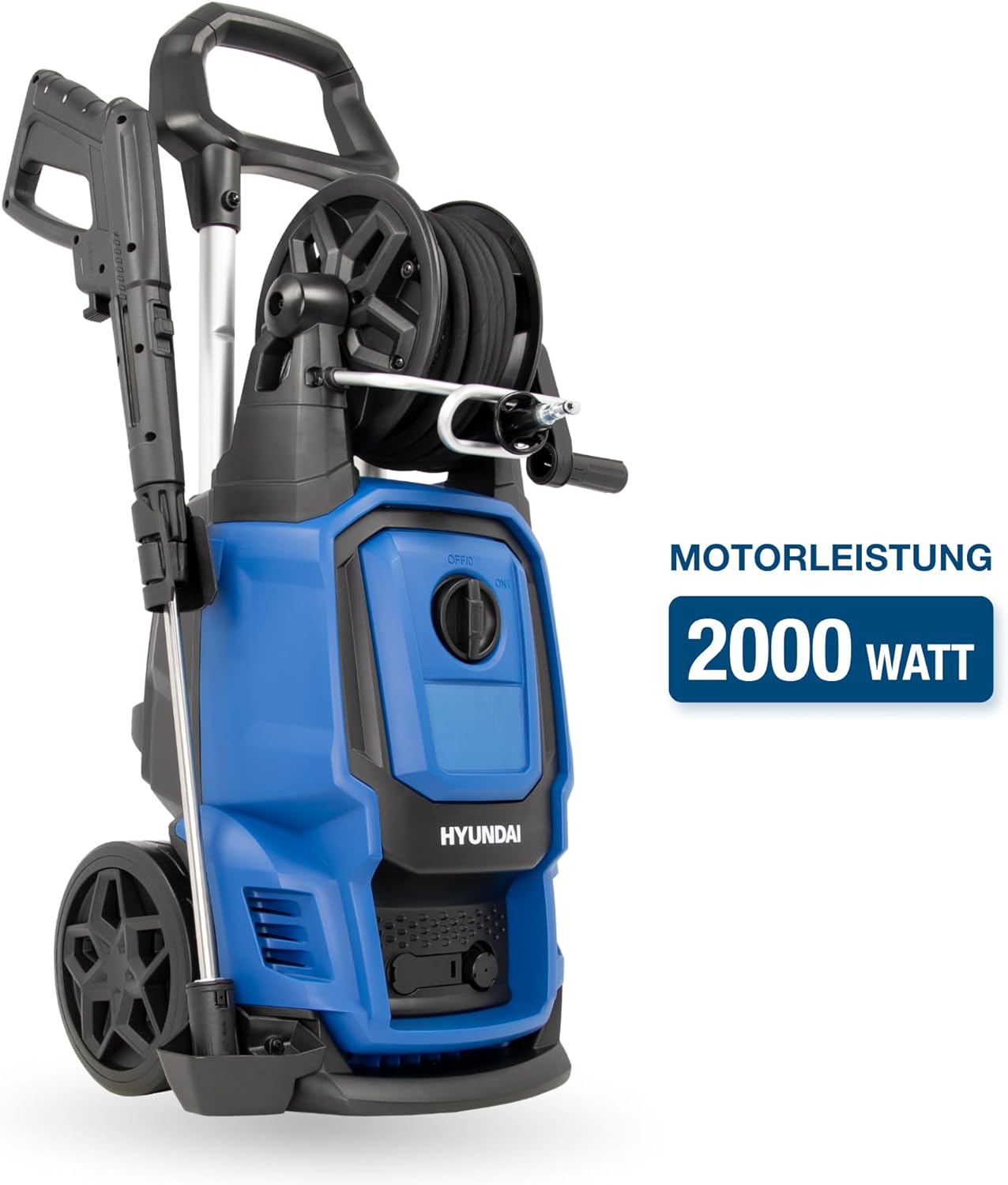 HYUNDAI Hochdruckreiniger HPW2000CE, max. 160 bar - 450 l/h, 2000 W, verdreh-sicherer 10m Schlauch, Edelstahl-Lanze mit Verstellbarer Düse, rotierende Turbodüse, Seifenflasche