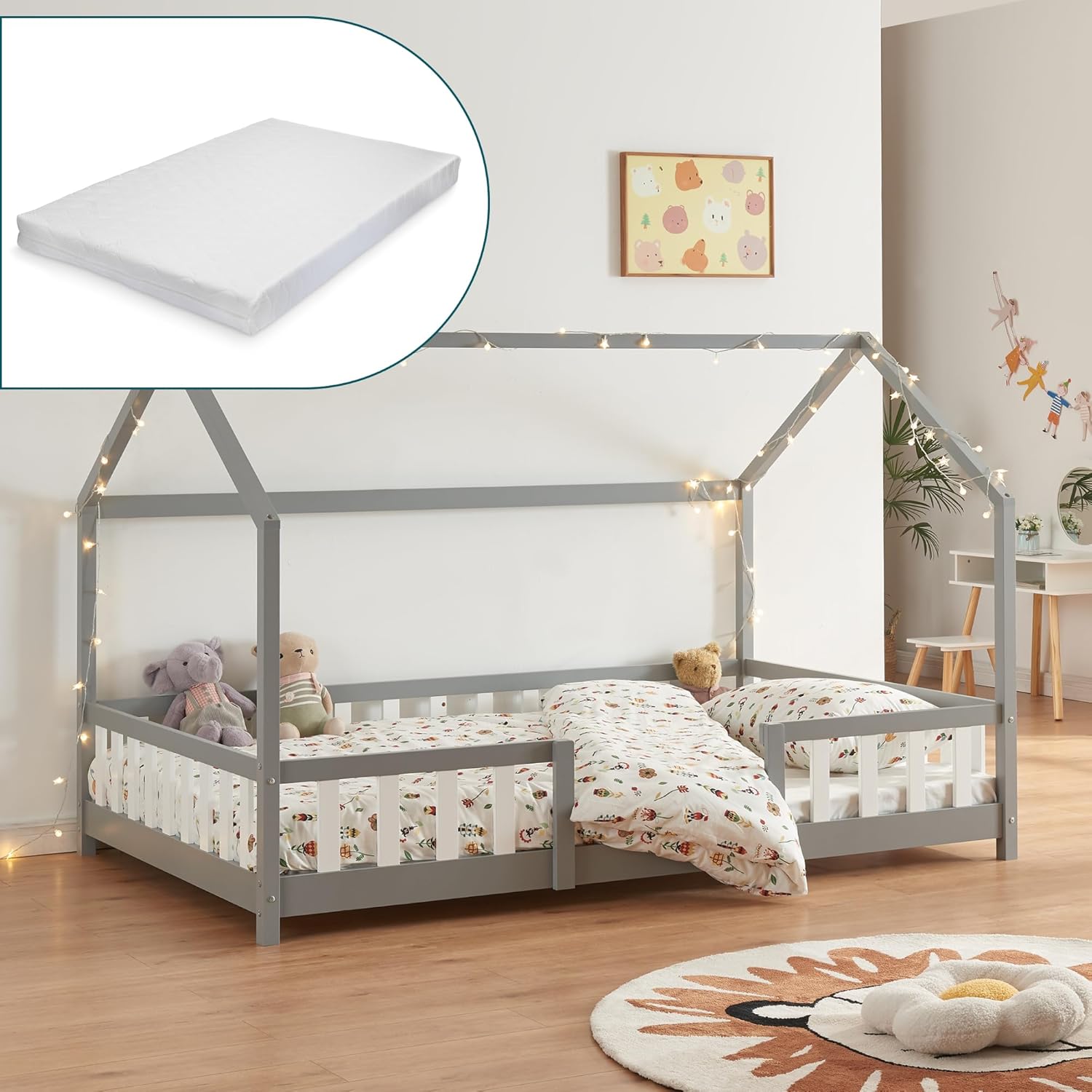 [en.casa] Kinderbett Sisimiut mit Matratze 120 x 200 cm Hausbett Montessori mit Rausfallschutz Holzbett für Kinder Bodenbett Lattenrost Kiefernholz Hellgrau/Weiß