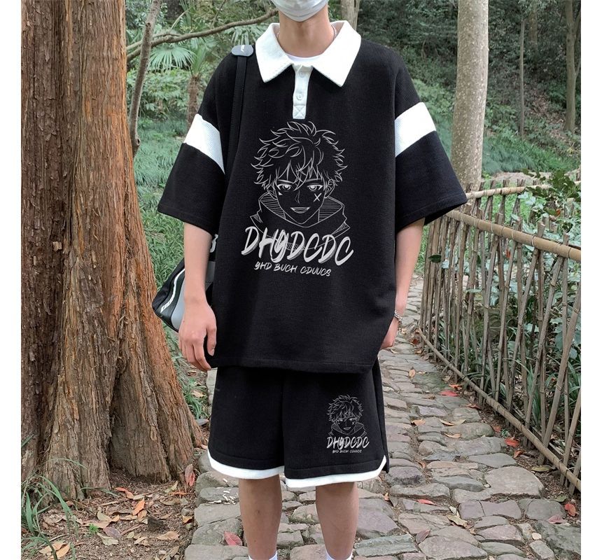 Derbundy - Set: Anime Print Panel Polo Shirt met Elleboogmouwen + Sweat Shorts